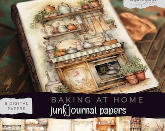 Páginas de diario vintage de repostería, papel digital de comida, efímeras de cocina imprimibles, scrapbooking de cocina, páginas de collage de recetas