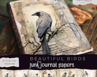 Birds Junk Journal, Vintage Birds Digital Journal Paper, Shabby Chic Printable Ephemera, Rustic Papers Scrapbooking, Branches Collage Page