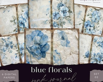 May include: A collection of six digital papers with a vintage aesthetic. Each paper features a distressed, textured background with watercolor-style blue floral designs. The text "blue florals" and "junk journal" are included.