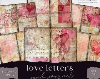 Love Letters Junk Journal, Valentine 6 Digital Journal Paper, Vintage Ephemera, Paper Craft, Collage Sheet 11 x 8.5, Scrapbook Hearts