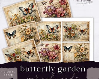 Buttlerfly Junk Journal Card Pack, Vintage Flower Ephemera, Garden Digital Page, Printable Ephemera, Paper Craft, Collage Sheet 8.5 x 11