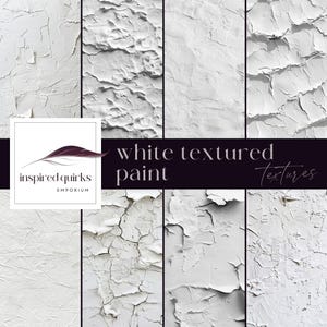 Pode incluir: Uma colagem de amostras de tinta branca texturizada. As texturas variam de lisas a muito espessas, com rachaduras e cristas visíveis. A imagem inclui o texto "white textured paint textures" e o logotipo de "inspired quirks emporium".