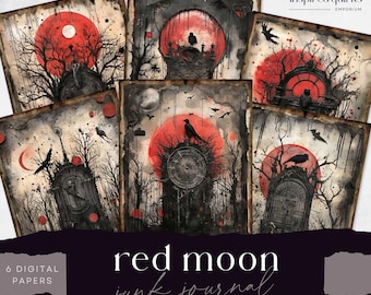 Blackbird Junk Journal, Full Moon Page, 6 Digital Journal Paper, Printable Gothic Night Ephemera, Paper Craft, Raven Collage Sheet 8.5 x 11
