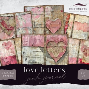 Diário de lixo de cartas de amor de coração vintage, 6 papel de diário digital, coisas efêmeras para impressão, artesanato em papel, folha de colagem 11 x 8,5, páginas de álbum de recortes