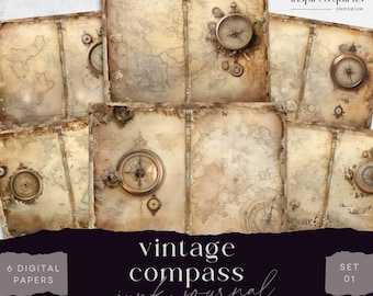 Printable Map Junk Journal, Vintage Compass Background, 6 Digital Journal Pages, Printable Ephemera Paper Craft, Collage Sheet 11 x 8.5