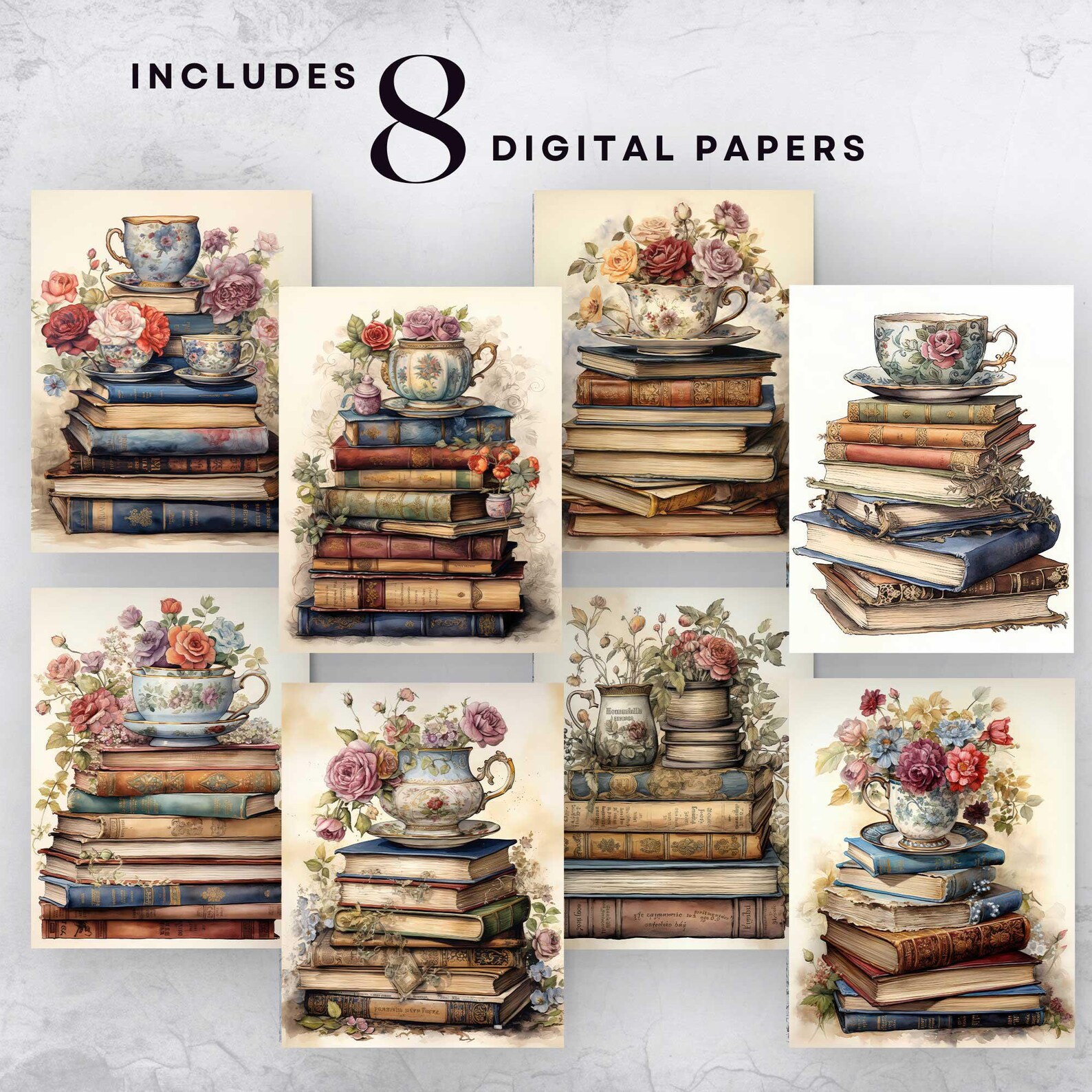 Flower Book Pile Junk Journal Pages, Digital Journal Paper, Vintage Tea ...
