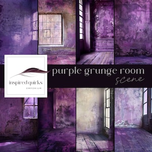 Pano de fundo roxo Grunge Studio, fundo digital de parede antiga, sobreposição urbana, textura do Photoshop, ilustração de sala abandonada, Junk Journal JPG