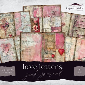 Love Letters Junk Journal, Hearts 6 Digital Journal Paper, Printable Vintage Ephemera, Paper Craft, Collage Sheet 11 x 8.5, Scrapbook Pages