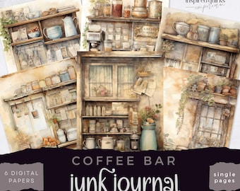 Cafe Bar Junk Journal, Vintage Küche Regal Papiere, DIGITALER DOWNLOAD, Kaffee Scrapbooking Papier, Kaffee Liebhaber Seiten, Barista Journaling