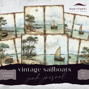 Beach Junk Journal Pages, Sailboat 6 Digital Journal Paper, Printable Vintage Ephemera, Paper Craft, Collage Sheet 11 x 8.5, Scrapbook Pages