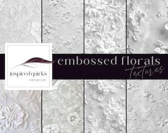 White Embossed Floral Textures, Flower Papers, Digital Wedding Invite Graphics, Garden Junk Journal, Neutral Invitation Illustration