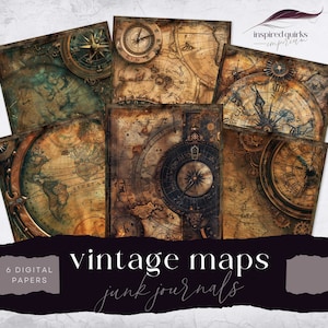 Steampunk Map Junk Journal, Kompass Digital Pages, 6 Digital Journal Page, Vintage Travel Ephemera, Worn Paper Craft, Collage Sheet 11 x 8,5