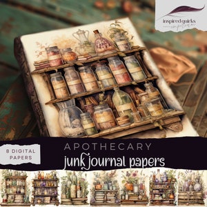 Apothecary Junk Journal Pages, 8 Digital Journal Paper, Vintage Book Printable Ephemera, Herb Bottles Scrapbooking, Potions Collage Pages