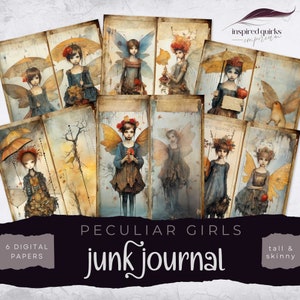 Quirky Girl Junk Journal, Tall Skinny Digital Papers, Whimsical Wings Journal Pages, Peculiar Ephemera, Paper Craft, Scrapbook Collage Sheet