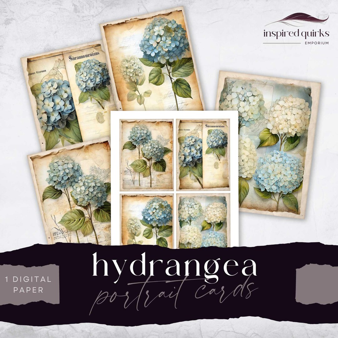 Blue Hydrangea Junk Journal Card Pack, Vintage Ephemera, Flower Digital ...