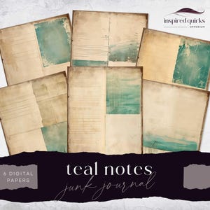 Teal Junk Journal Digital Paper, Notes Stationery, 6 Digital Journal Pages, Printable Ephemera, Vintage Paper Craft, Collage Sheet 11 x 8.5