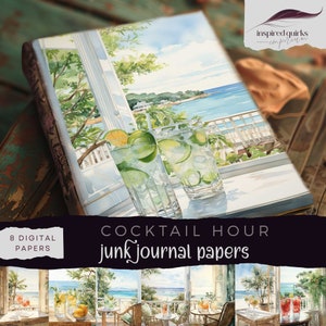 Journal de la malbouffe paradis estival, papier journal numérique pour l'heure du cocktail, documents éphémères à imprimer pour les vacances, scrapbooking vues sur la plage, page de collage