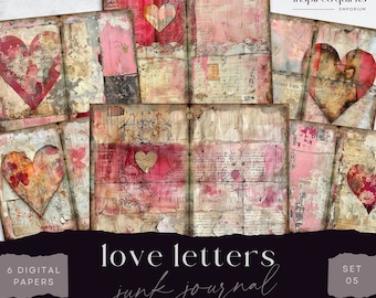 Vintage Love Letters Junk Journal, Hearts 6 Digital Journal Paper, Printable Ephemera, Paper Craft, Collage Sheet 11 x 8.5, Scrapbook Pages