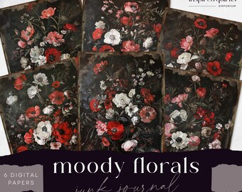 Red and Black Floral Junk Journal Pages, Gothic Flower Backdrop, 6 Digital Journal Paper, Printable Ephemera Craft, Collage Sheet 8.5 x 11
