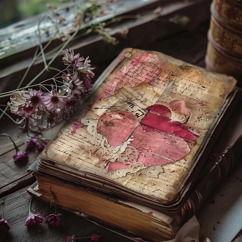 Vintage Love Letters Junk Journal, Hearts 6 Digital Journal Paper, Printable Ephemera, Paper Craft, Collage Sheet 11 x 8.5, Scrapbook Pages image 5
