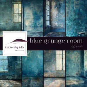 Pano de fundo azul Grunge Studio, fundo digital de parede antiga, sobreposição urbana, textura do Photoshop, ilustração de sala abandonada, Junk Journal JPG