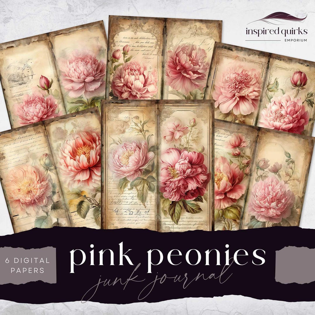 Tall and Skinny Junk Journal Printables, Pink Peonies Backdrop, 6 ...