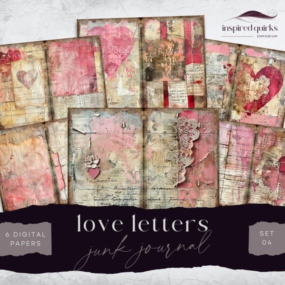 Vintage Love Letters Junk Journal, Hearts 6 Digital Journal Paper, Printable Ephemera, Paper Craft, Collage Sheet 11 x 8.5, Scrapbook Pages