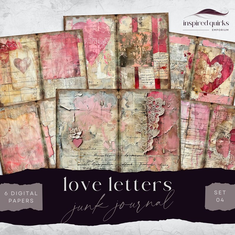 Vintage Love Letters Junk Journal, Hearts 6 Digital Journal Paper, Printable Ephemera, Paper Craft, Collage Sheet 11 x 8.5, Scrapbook Pages image 1