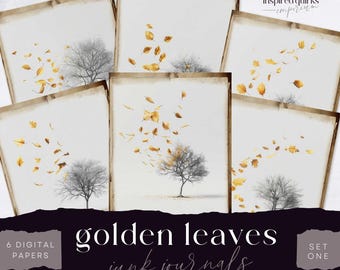 Autumn Junk Journal Pages, Golden Leaves Digital Paper, 6 Digital Journal Page, Fall Trees Ephemera, Paper Craft, Collage Sheet 11 x 8.5