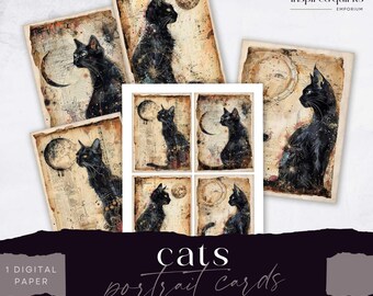 Black Cat Junk Journal Card Pack, Vintage Animal Ephemera, Feline Digital Page, Printable Ephemera, Paper Craft, Collage Sheet 8.5 x 11