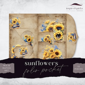 Sunflower Junk Journal Folio Printables, 12 Piece Mix & Match Pocket, Yellow Floral Printable Ephemera, Paper Craft, Collage Sheet 11 x 8.5