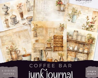 Cafe Bar Junk Journal, Vintage Küche Regal Papiere, DIGITALER DOWNLOAD, Kaffee Scrapbooking Papier, Kaffee Liebhaber Seiten, Barista Journaling