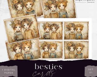 Whimsical Girls Ephemera, Bästa vänner skräpjournal kortpaket, Whimsical Doll digitalt, utskrivbart efemera, papperspyssel, collageark 8,5 x 11