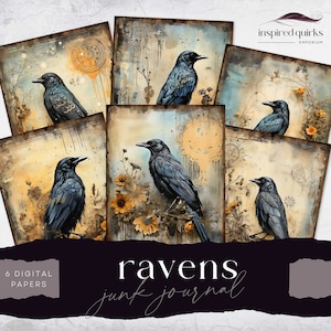 Raven Junk Journal, Blackbird Page, 6 Digital Journal Paper, Printable Gothic Crow Ephemera, Paper Craft, Full Moon Collage Sheet 8.5 x 11