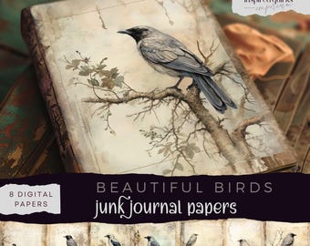 Birds Junk Journal, Vintage Birds Digital Journal Paper, Shabby Chic Printable Ephemera, Rustic Papers Scrapbooking, Branches Collage Page