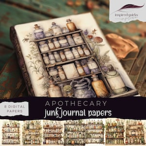 Vintage Apothecary Junk Journal Pages, 8 Digital Journal Paper, Book Printable Ephemera, Herb Bottles Scrapbooking, Potions Collage Pages