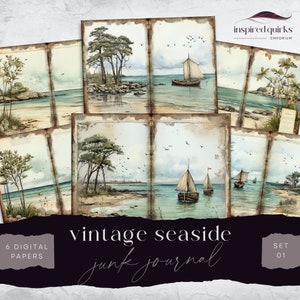 Seaside Junk Journal Pages, Vintage Beach 6 Digital Journal Paper, Printable Ephemera, Paper Craft, Collage Sheet 11 x 8.5, Scrapbook Pages