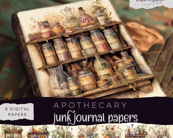 Apothecary Junk Journal Pages, 8 Digital Journal Paper, Vintage Book Printable Ephemera, Herb Bottles Scrapbooking, Potions Collage Pages
