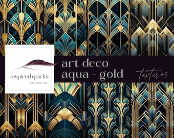 Art Deco Textures, Retro Overlays, Digital Download, Aqua Gold Papers, Invitation Graphics, Vintage Style Backgrounds, Elegant Illustrations