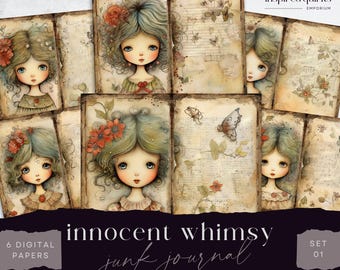 Whimsical Girls Junk Journal Pages, Sweet Vintage Dolls, 6 Digital Journal Pages, Printable Ephemera, Paper Craft, Collage Sheet 11 x 8.5