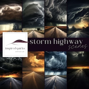 Stormy Highway Digital Backdrop, Deserted Road Scene Background, Illustrative Weather Overlay, Night Junk Journal, Dark Cloud Scrapbooking