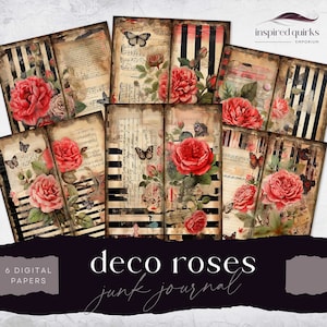 Tall And Skinny Junk Journal Printables, Art Deco Rose Papers, Digital Journal Pages, Whimsical Ephemera, Paper Craft, Striped Collage Sheet