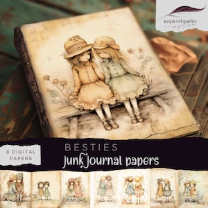 Junk-Journal vom Land Mädchen, Besties Digitales Journal Papier, Beste Freunde druckbare Ephemera, Vintage hübsche Schwestern Scrapbooking, Collage Seite