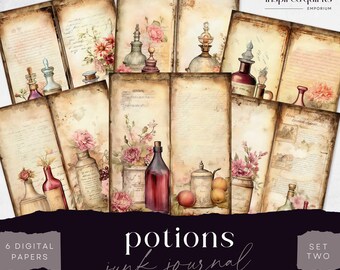 Potion Junk Journal Digital Paper, 6 Digital Journal Tall and Skinny Pages, Printable Ephemera, Paper Craft, Floral Collage Sheet 8.5 x 11