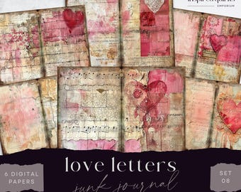 Love Letters Junk Journal, Valentine 6 Digital Journal Paper, Vintage Ephemera, Paper Craft, Collage Sheet 11 x 8.5, Scrapbook Hearts