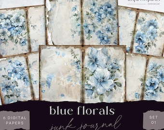 Blue Floral Junk Journal Pages, Vintage Flowers 6 Digital Journal Paper, Printable Ephemera, Paper Craft, Collage Sheet 11 x 8.5, Scrapbook