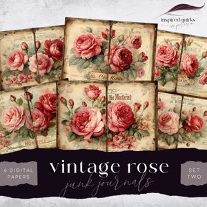 Vintage English Rose Junk Journal, Red Flower Papers, 6 digitale dagboekpagina's, afdrukbare bloemen Ephemera Paper Craft, collagevel 11 x 8,5