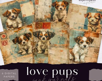 Puppy Love Junk Journal, Cute Dog Digital Paper, 6 Digital Journal Page, Printable Whimsical Ephemera, Paper Craft, Collage Sheet 11 x 8.5