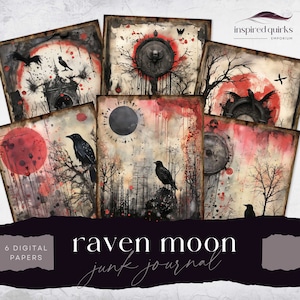 Raven Junk Journal, Full Moon Page, 6 Digital Journal Paper, Printable Gothic Night Ephemera, Paper Craft, Blackbird Collage Sheet 8.5 x 11