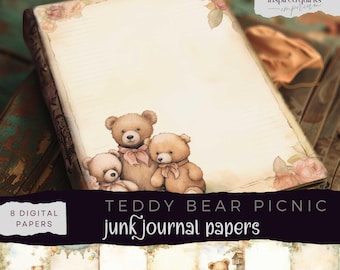 Teddy Bear Junk Journal, Digital Journal Paper, Vintage Bears Printable Ephemera, Teddy Bear Picnic Scrapbooking, Childrens Garden Collage